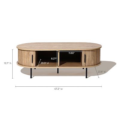 LuxenHome Mid-Century Modern Coffee Table with Storage and Slatted Sliding Doors Oval Center Table