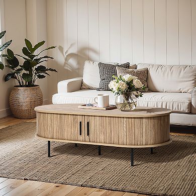 LuxenHome Mid-Century Modern Coffee Table with Storage and Slatted Sliding Doors Oval Center Table