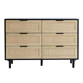 LuxenHome Black and Brown Wood 6-Drawer Rattan Dresser