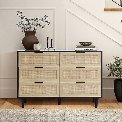LuxenHome Black and Brown Wood 6-Drawer Rattan Dresser
