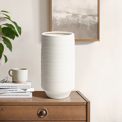 LuxenHome White Terracotta 16.1-Inch Tall Indoor and Outdoor Cylinder Vase