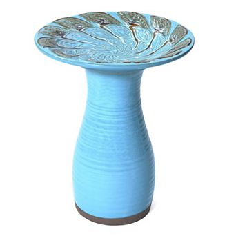 LuxenHome Powder Blue Vintage Spiral Ceramic 20 in Tall Birdbath