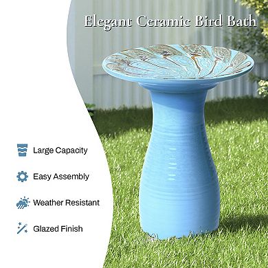 LuxenHome Powder Blue Vintage Spiral Ceramic 20-In Tall Birdbath