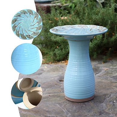LuxenHome Powder Blue Vintage Spiral Ceramic 20-In Tall Birdbath