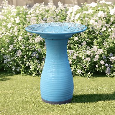 LuxenHome Powder Blue Vintage Spiral Ceramic 20-In Tall Birdbath