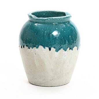 LuxenHome Green and White Stoneware 11.4-Inch Tall Indoor and Outdoor Jar Vase