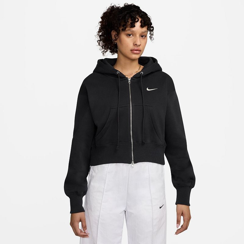 Women's Nike Loose Full-Zip Crop Hoodie in Phoenix Fleece, Size: Medium, Black