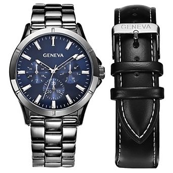 Men's Geneva 42 mm Gunmetal Tone Bracelet Watch with Blue Dial & Black Leather Strap Set