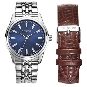 Men's Geneva 42 mm Silver Tone Bracelet Watch with Blue Dial & Brown Croc-Embossed Strap Set