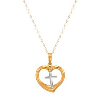 Everlasting Gold 10k Gold Rhodium Cross in Heart Pendant Necklace