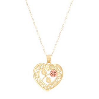 Everlasting Gold 10k Gold & Rose Gold Textured Open Filigree Heart Pendant Necklace with Center Rose