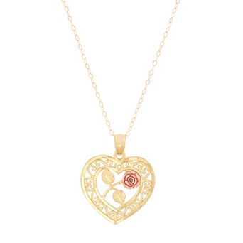 Everlasting Gold 10k Gold & Rose Gold Textured Open Filigree Heart Pendant Necklace with Center Rose