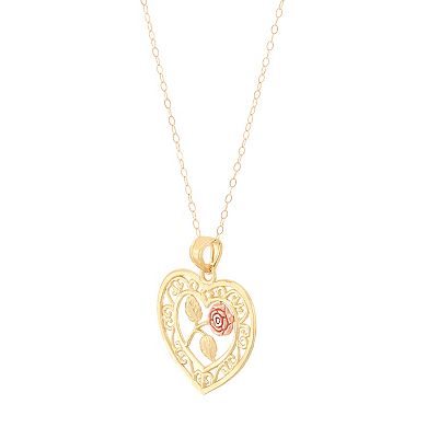 Everlasting Gold 10k Gold & Rose Gold Textured Open Filigree Heart Pendant Necklace with Center Rose