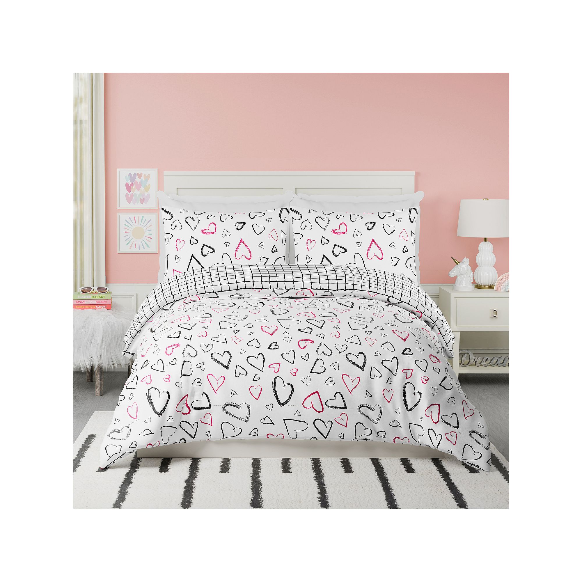 Girls Urban Playground Roxy Hearts Comforter Set with Shams, Black