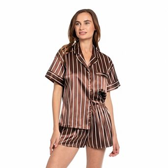 Women's Lilac+London Satin 2 pc Pajama Top & Pajama Shorts Set