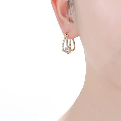 Cubic Zirconia Solitaire Double Trapeze Inside-Out Oblong Hoop Earrings