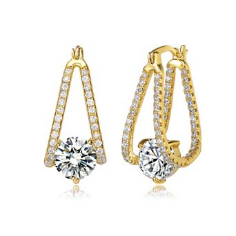 Cubic Zirconia Solitaire Double Trapeze Inside-Out Oblong Hoop Earrings