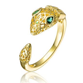 Gold Tone Green Cubic Zirconia Snake Open Ring