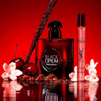 Yves Saint Laurent Black Opium Eau de Parfum Over Red with