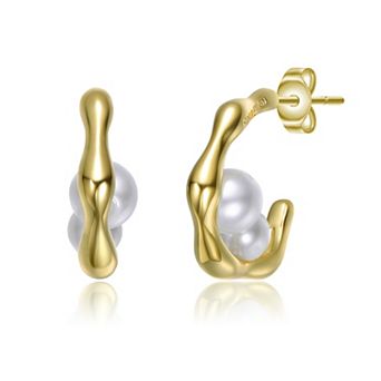 14k Gold Plated Simulated Pearl Curved Huggie Earrings