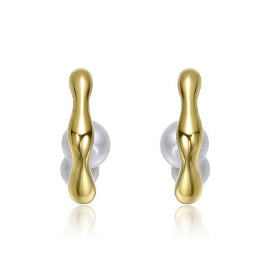 14k Gold Plated Simulated Pearl Curved Huggie Earrings