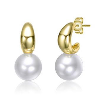 14k Gold Plated Simulated Pearl Huggie Drop Earrings