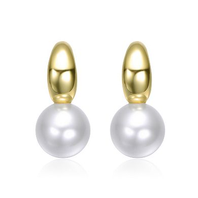 14k Gold Plated Simulated Pearl Huggie Drop Earrings