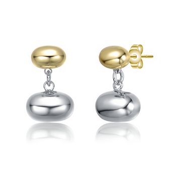 Two Tone 14k Gold Plated Double Bead & Chain Dangle Earrings