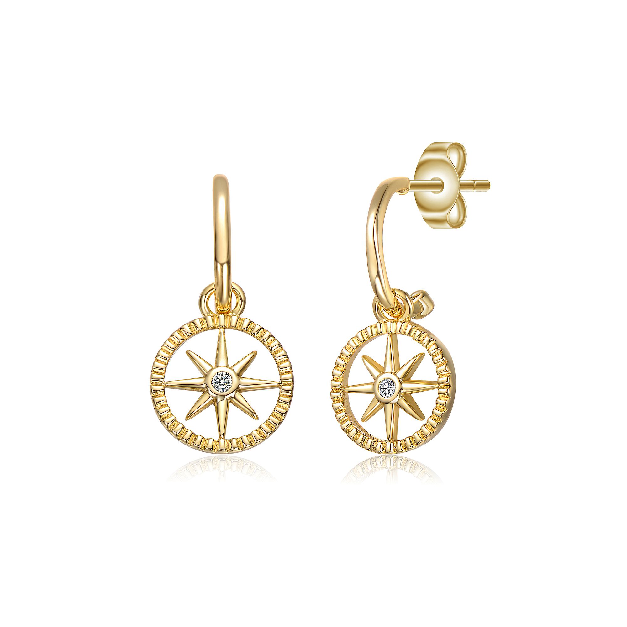 14k Gold Plated Cubic Zirconia Guiding Star Compass Drop Earrings, Womens,