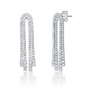 14k White Gold Plated Cubic Zirconia Linear Waterfall Fringe Drop Earrings