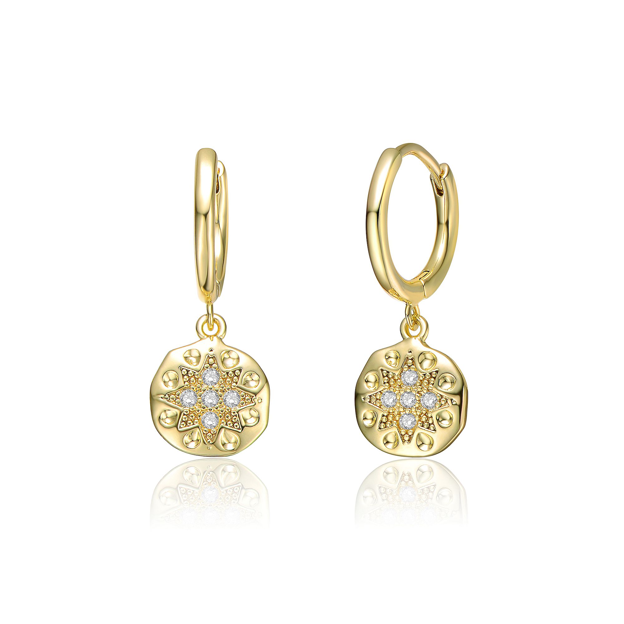 14k Gold Plated Cubic Zirconia Round Star Drop Hoop Earrings, Womens, Gold