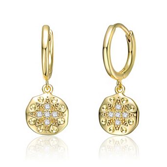 14k Gold Plated Cubic Zirconia Round Star Drop Hoop Earrings