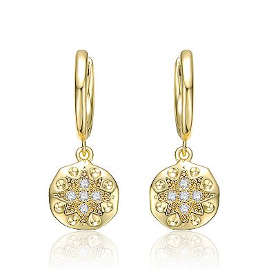 14k Gold Plated Cubic Zirconia Round Star Drop Hoop Earrings