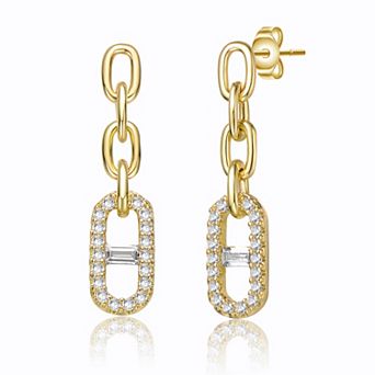 14k Gold Plated Cubic Zirconia Triple Chain Mariner Anchor Link Drop Earrings