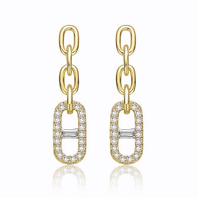 14k Gold Plated Cubic Zirconia Triple Chain Mariner Anchor Link Drop Earrings