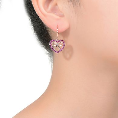18k Rose Gold Plated Red Cubic Zirconia Heart Dangle Earrings