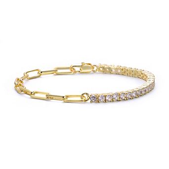 14k Gold Plated Cubic Zirconia Half Tennis Half Link Bracelet