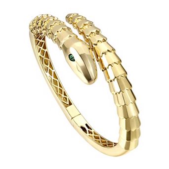 14k Gold Plated Green Cubic Zirconia Textured Coiled Serpent Bypass Bangle Bracelet