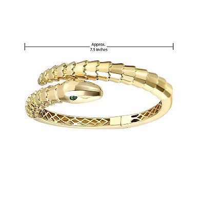 14k Gold Plated Green Cubic Zirconia Textured Coiled Serpent Bypass Bangle Bracelet