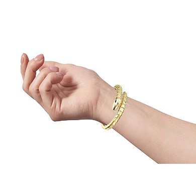 14k Gold Plated Green Cubic Zirconia Textured Coiled Serpent Bypass Bangle Bracelet