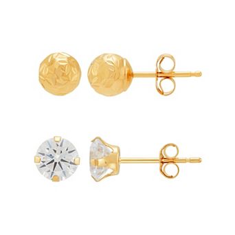 Everlasting Gold 10k Gold Crystal Cut Ball & Cubic Zirconia Earrings Set