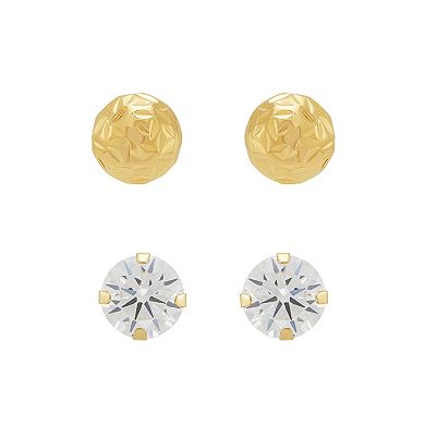 Everlasting Gold 10k Gold Crystal Cut Ball & Cubic Zirconia Earrings Set