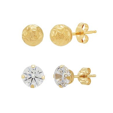 Everlasting Gold 10k Gold Crystal Cut Ball & Cubic Zirconia Earrings Set