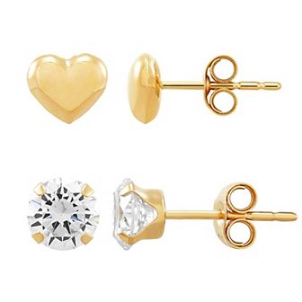 Everlasting Gold 10k Gold Cubic Zirconia & Heart Earrings Set