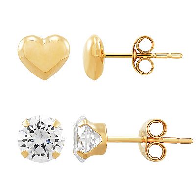 Everlasting Gold 10k Gold Cubic Zirconia Heart Earrings Set