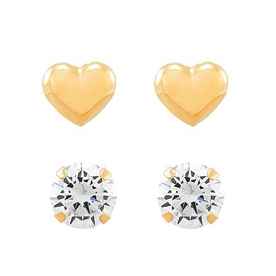 Everlasting Gold 10k Gold Cubic Zirconia & Heart Earrings Set