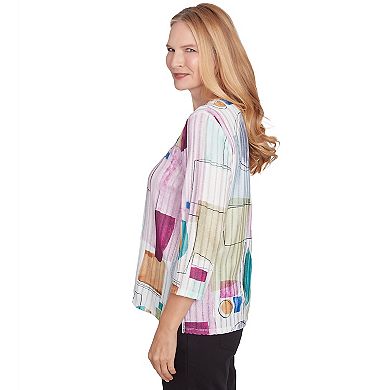 Petite Alfred Dunner Geometric V-Neck Three-Quarter Sleeve Top