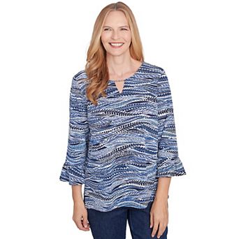 Petite Alfred Dunner Beaded Split Neck Feathers Top