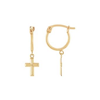 Everlasting Gold 10k Gold Tube Hoop Earrings with Dangle Cross