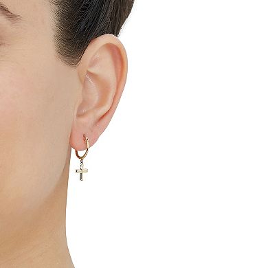 Everlasting Gold 10k Gold Tube Hoop Earrings with Dangle Cross